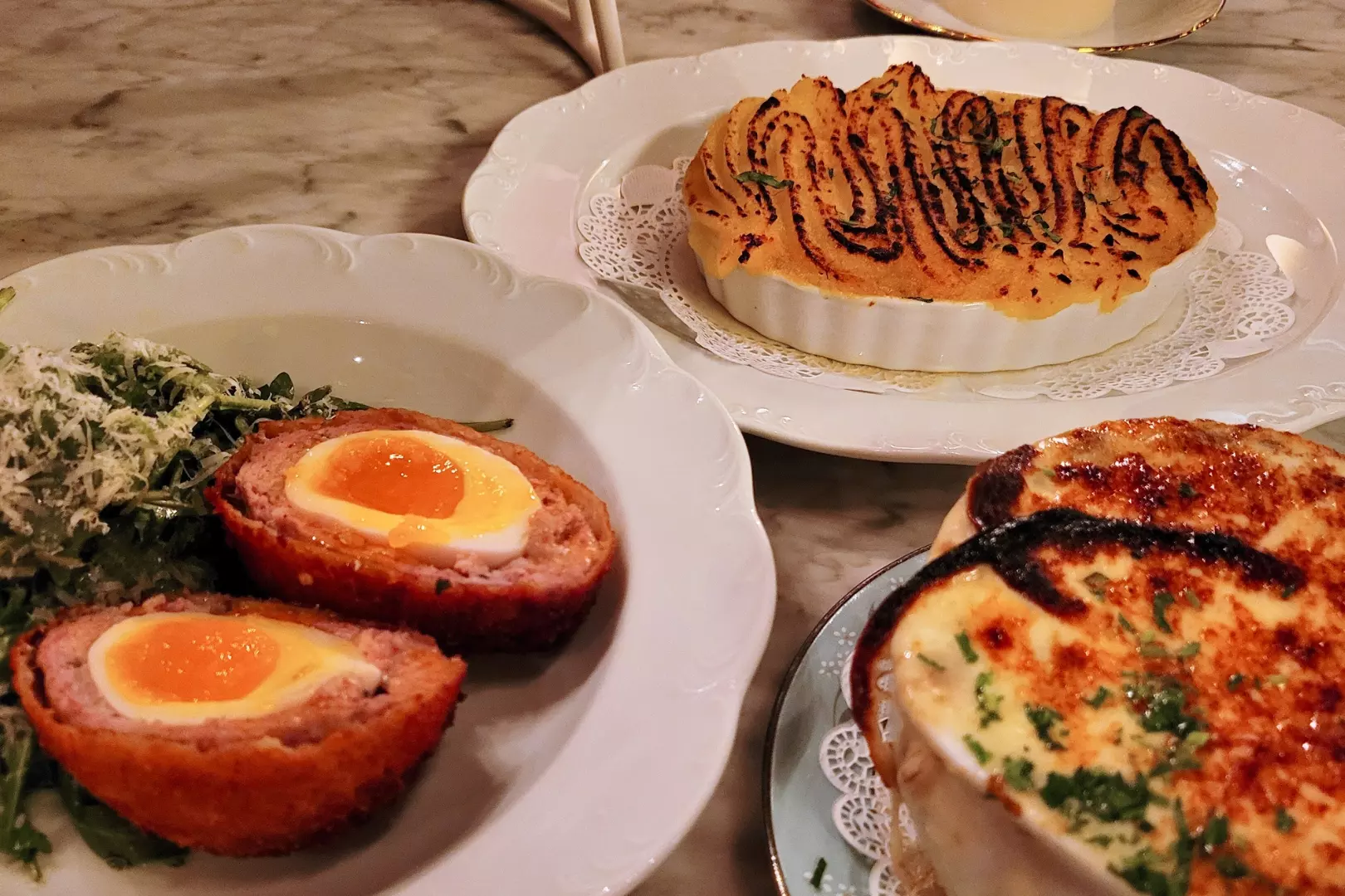 Plates of gourmet comfort food.